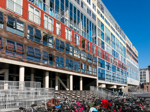 Modern colorful social housing apartment building Silodam alongside IJ in Amsterdam, Netherlands