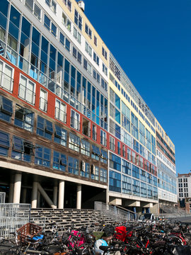 Modern colorful social housing apartment building Silodam alongside IJ in Amsterdam, Netherlands