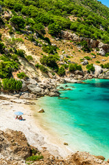 Vouti beach, Kefalonia island, Greece. People relaxing at the beach. The beach is surrounded by flowers.