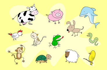 Cute Animals Set, A hand drawn vector illustration of various animals, isolated on a simple background (all objects are on their own separate groups, including background for easy editing).