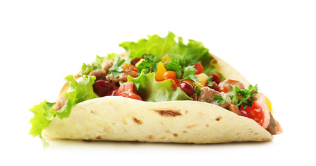 Homemade beef burrito with vegetables and tortilla, isolated on white - obrazy, fototapety, plakaty