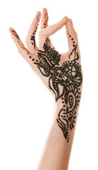 Image of henna on female hand isolated on white