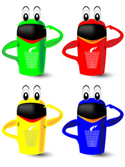 Waste sorting in blue, yellow, green and red dustbins