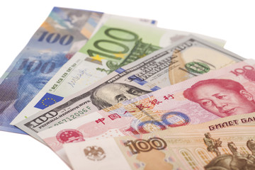 Fototapeta na wymiar American dollars, European euro,Swiss franc,Chinese yuan and Rus