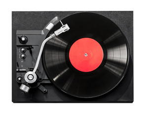 Top view of old fashioned turntable playing