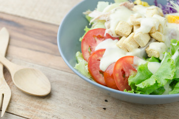 Fresh vegetable salad on wood background