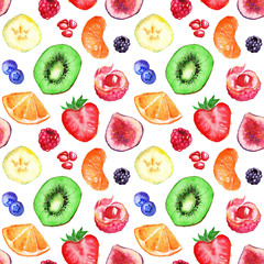 Watercolor fruit berry blueberry blueberries strawberry kiwi orange citrus mandarin lychee pomegranate raspberry seamless pattern background