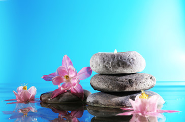 Fototapeta na wymiar Stack of spa stones with flowers on blue background