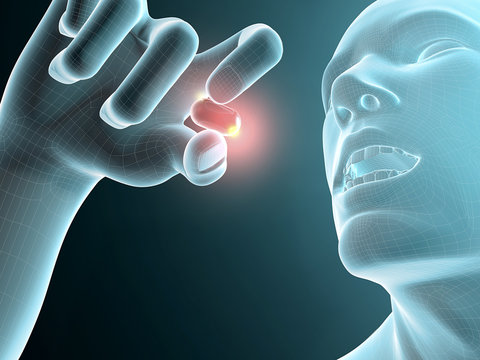 Persona che prende una pillola, pastiglia
