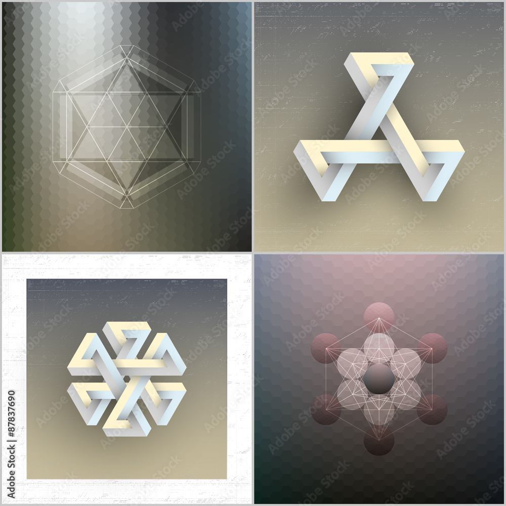 Poster set of unreal impossible geometric figures, abstract patterns