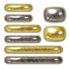Illustration of the pearl button. / Button sets of various sizes. Gold and black.