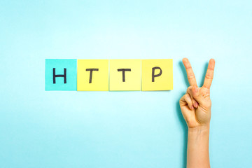 HTTP 2. Hand making V sign gesture, success symbol.