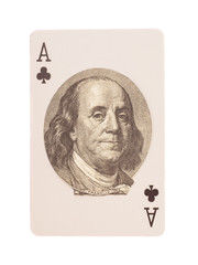 Ace of clubs playing card with Portrait of Benjamin Franklin