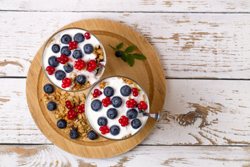 Yogurt, muesli and berries of blueberry and stone bramble