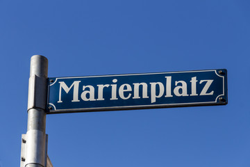 Street sign of Marienplatz in Munich, Germany, 2015