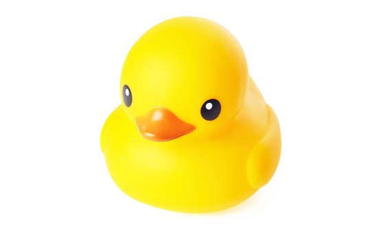 Yellow Rubber Duck Isolated on White Background, Top View.