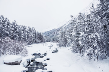 Snowfall on the mountain river
