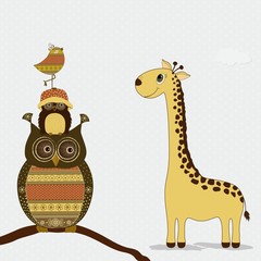 Cute giraffe with owls and bird