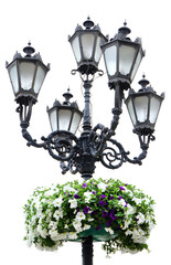 Fototapeta na wymiar Flower arrangement on street lamp on sky background
