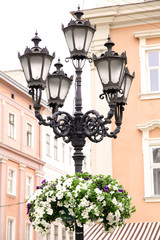 Fototapeta na wymiar Flower arrangement on street lamp on buildings background