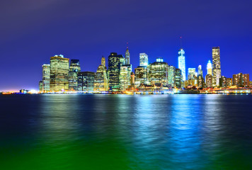 Lower Manhattan skyline at night.