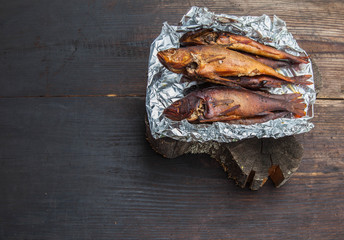 Smoked perch in foil, top view