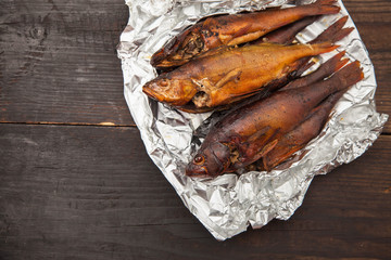 Smoked perch in foil, top view