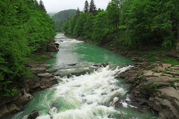 Fototapeta na wymiar Water flowing on rocks along green trees in park