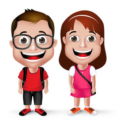 3D Realistic Kids School Boy and Girl Student Wearing Casual with Backpack