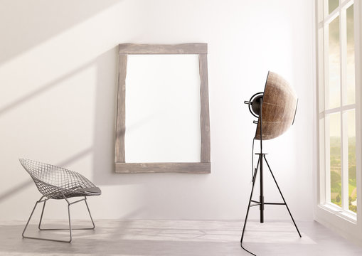  Picture mock-up in the wooden frame, interior design with palucco lamp