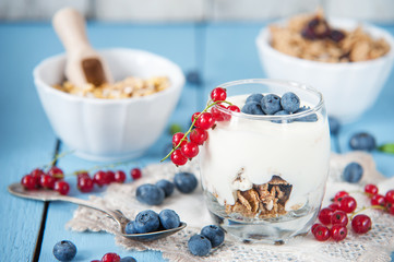 Healthy yoghurt with fruits for breakfast