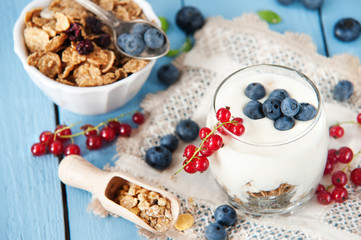 Healthy yoghurt with fruits for breakfast