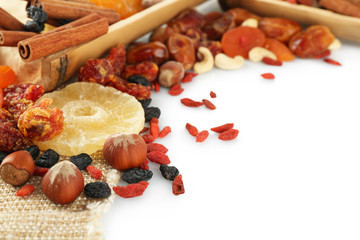 Assortment of dried fruits, isolated on white