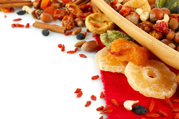 Assortment of dried fruits, isolated on white