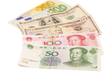 American dollars, European euro and Chinese yuan bills