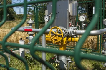 Checkpoint pipeline, pressure measurements and flow of natural gas. Closeup of pressure meter on...