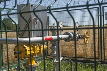 Checkpoint pipeline, pressure measurements and flow of natural gas. Closeup of pressure meter on...
