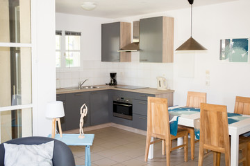 Modern, bright, clean, kitchen interior with stainless steel appliances in a luxury house