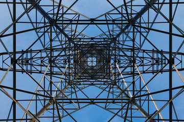 A view on electricity pylons from below against the sky