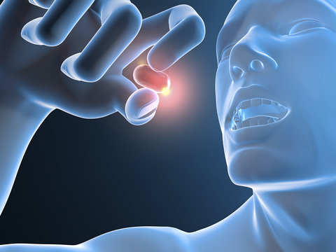 Persona che prende una pillola, pastiglia
