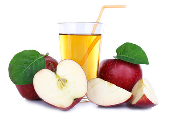 Glass of apple juice with red apples isolated on white