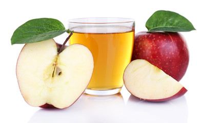 Glass of apple juice with red apples isolated on white