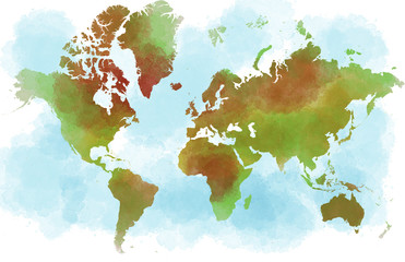 Cartina del mondo, planisfero disegnato a mano a pennellate