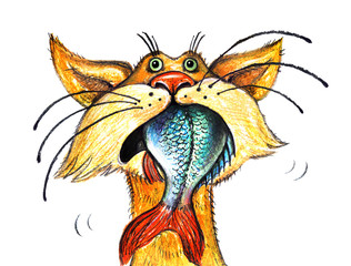 ,,Кот держит в зубах рыбу,,. Авторская иллюстрация. - 87849224