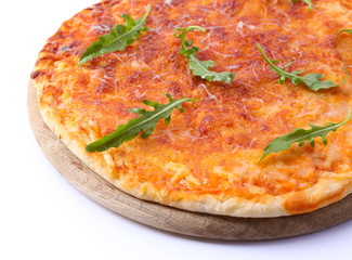 Cheese pizza with arugula isolated on white