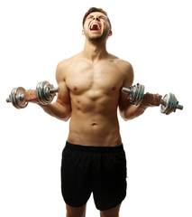 Fototapeta na wymiar Muscle young man holding dumbbells isolated on white