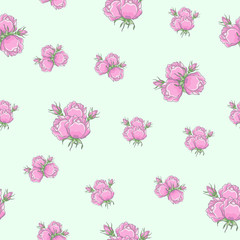 Classic seamless vintage rose pattern on white background. Roses collected in bouquets, pink rosebuds. Can be used for fabric prints, scrapbooking, cards, design paper