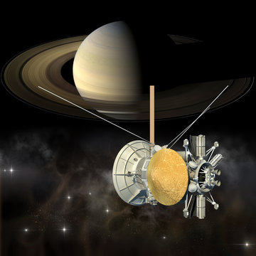 Unmanned spacecraft similar with the Cassini Huygens orbiter, passing Saturn.