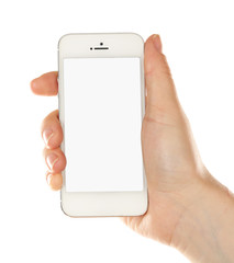 Hand holding mobile smart phone isolated on white