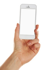 Hand holding mobile smart phone isolated on white